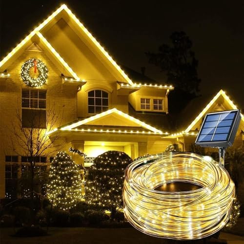 Outdoor Solar LED Rope Lights, IP65 Waterproof Rope Light 12m/39.4ft 100LEDs Solar Decoration Lights with 8 Lighting Modes, Rope Fairy Light for Garden Tree Party Christmas Decoration -Warm White