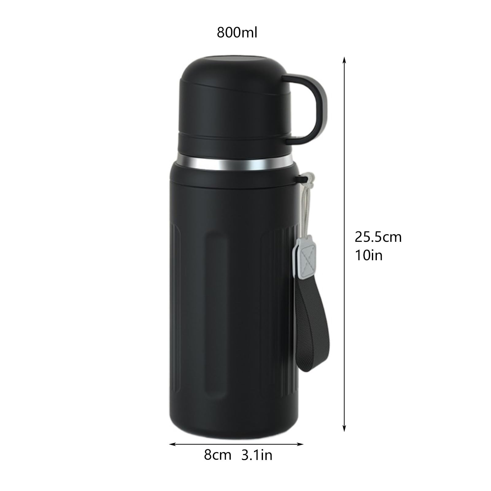 Isolierflasche Isolierter Wasserbecher aus Edelstahl mit großer Kapazität, Outdoor-Sport, tragbar, einfache Anzeige der Temperatur(Black,800ml)