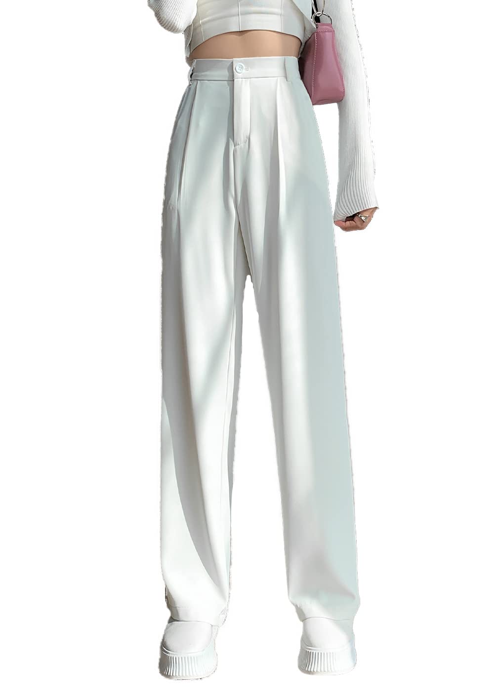 Cocoinsity Women Casual Suit Pants Solid High Waist Button Down Straight Loose Trousers