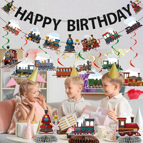 Image of Train Birthday Party Decorations - 13PCS Vintage Train Birthday Decorations Glitter Banners Hanging Swirls Honeycomb Centerpieces Retro Transportation Railroad Crossing Party Supplies Decor