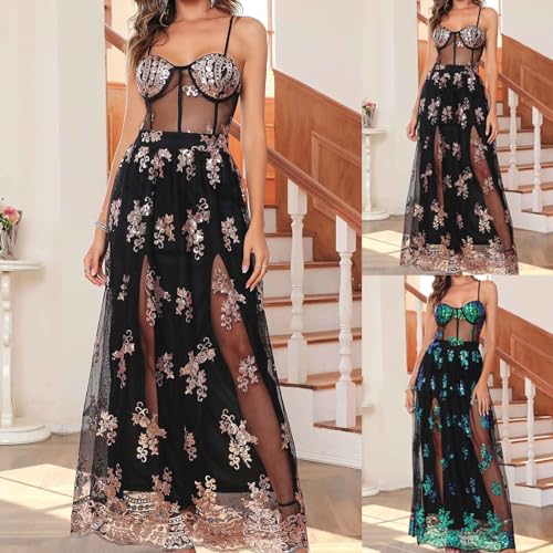 HGps8w Sequin Embroidery Corset Dresses for Women Sheer Spaghetti Strap Split Hem See Through Mesh Sexy Club Party Dress2