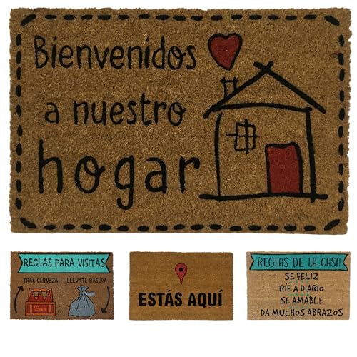 koko doormats Felpudo Original de Coco Natural “Bienvenidos a Nuestro Hogar” | Alfombra de Entrada Antideslizante para Exterior e Interior | 60x40 cm | Diseño Divertido | Base PVC Segura
