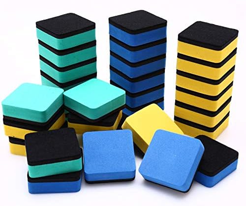 30 Pack Magnetic Whiteboard Eraser for School Classroom, Office, Home - Buytra Dry Erase Erasers Cleaner for Dry-Erase White Board, 1.97 x 1.97", Square Shape (Yellow, Blue, Green)