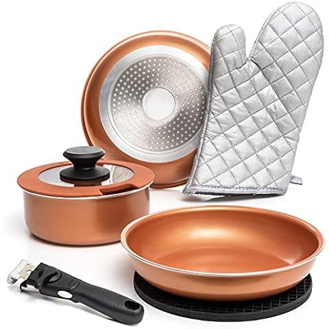 Moss & Stone Copper Pots And Pans Set Nonstick, Removable Handle Cookware, Stackable Pots And Pans Set, Dishwasher safe, Induction Pots And Pans, Camping Cookware Set, Aluminum (7 Pcs) Cover