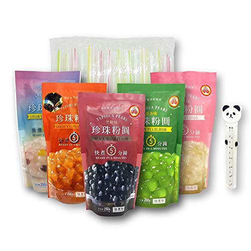 5-Pack WuFuYuan Boba Tapioca Pearls 5 Varieties Bundle with 1 Pack of 50 Boba Wide Straws Individually Wrapped and 1 Calendar Storage Bag Clip