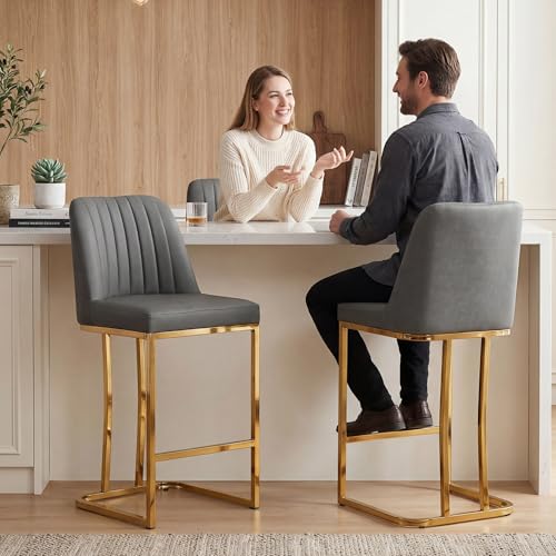 Image of LSSBOUGHT Counter Height Bar Stools Set of 4, Gray Counter Stools with Back and Gold Metal Frame,Modern Barstools with Footrest, Upholstered Pu Bar Chairs for Kitchen Island(4pcs,Dark Gray)