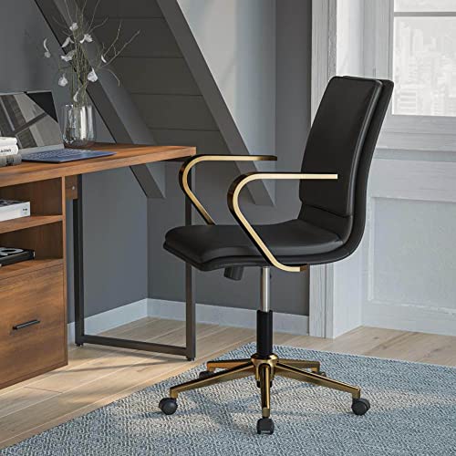 Flash Furniture James Mid-Back Designer Executive Office Chair - Black Leathersoft Upholstery - Brushed Gold Base And Arms - Height Adjustable 360° Swivel Seat #TOP1