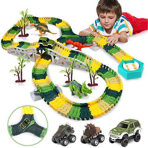 EpochAir Dinosaur Toys - Dinosaur World Road Race, Flexible Track Toy Set for 3 4 5 Year Old Boy Girl Kids, (192Pcs Include 3 Cars,4 Dinosaur Models, 4 Trees)