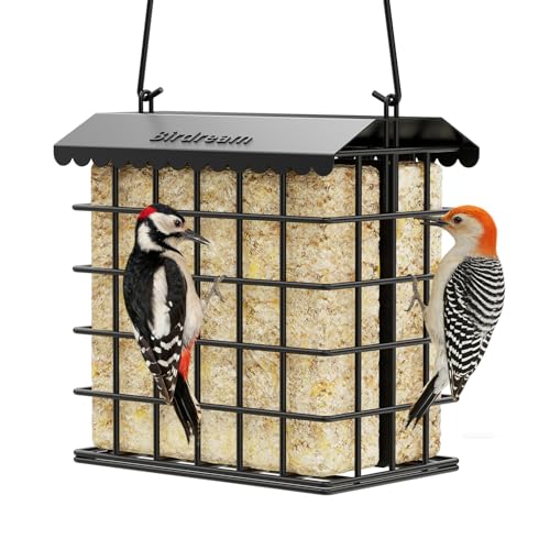 Birdream Double Suet Bird Feeders for Outdoors All Metal Bird Suet Cakes Cage Holder with Weatherproof Roof Easy to Refill & Clean Attract Woodpeckers Chickadees Nuthatches Black