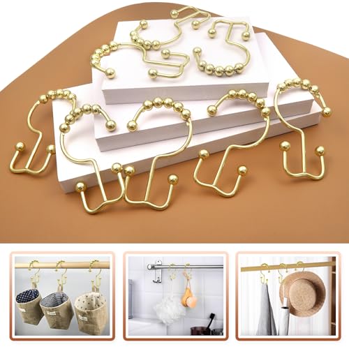 TOAOB Gold Shower Curtain Hooks 12pcs Double Glide Shower Curtain Rings Rust Proof Stainless Steel Shower Hooks for Curtain Rolling Shower Rings for Bathroom Curtain Rods