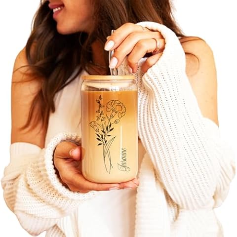 Iced Coffee Glass Cup with Bamboo Lid and Straw - Personalized Birth Month Flower and Name - Gift for Her Birthday, Mothers Day Gift, Christmas, Bridesmaid Gift Ideas Cover