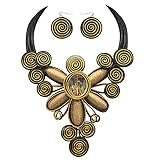JHWZAIY Chunky African Jewelry Statement Necklace For Women Tribal Fashion Costume Earring Set Unique Rhinestone Crystal Gold Wire Wrapped Big Wood Pendent Collar Choker Bib Handmade (flower gold)