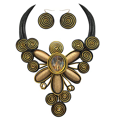 JHWZAIY Chunky African Jewelry Statement Necklace For Women Tribal Fashion Costume Earring Set Unique Rhinestone Crystal Gold Wire Wrapped Big Wood Pendent Collar Choker Bib Handmade (flower gold)