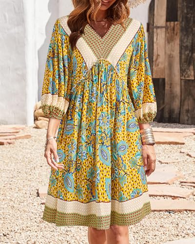 Image of BTFBM Women Casual Spring Summer Dresses V Neck 3 /4 Long Sleeve Ruffle Floral Flowy Boho Babydoll Mini Short Beach Dress