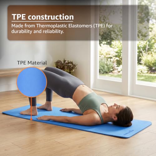 Image of Amazon Basics TPE Yoga Mat | 6 mm Thick | Non-Slip Grippy Surface | Lightweight & Durable Rubber-Like Material | Floor Protection | Ideal for Yoga, Pilates, Stretching & Fitness | 180 x 61 cm | Blue