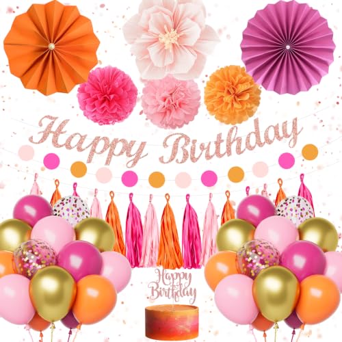 Decoration Anniversaire Femme, Ballon Anniversaire Rose et Orange, Happy Birthday Bannière, Décoration de Fête D'anniversaire mit Pompons en Papier pour 16...
