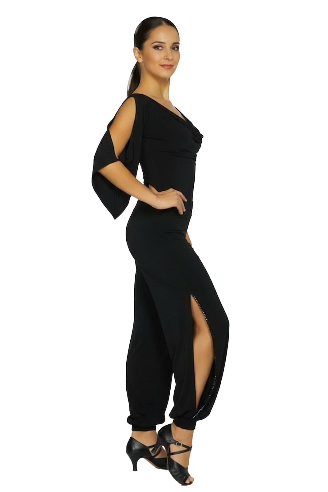 Damen Hose mit seitlicher Öffnung mit Pailiettenband verziehrt Fuer Tango und Latin, schwarz