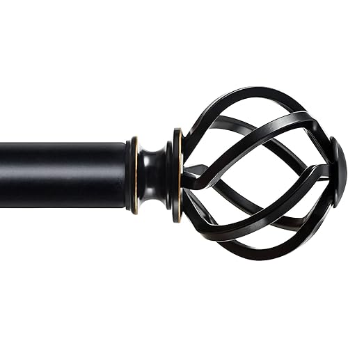 KAMANINA 1 Inch Curtain Rod Single Drapery Rod 36 to 72 Inches (3-6 Feet), Black Curtain Rods for Windows, Twisted Cage Finials