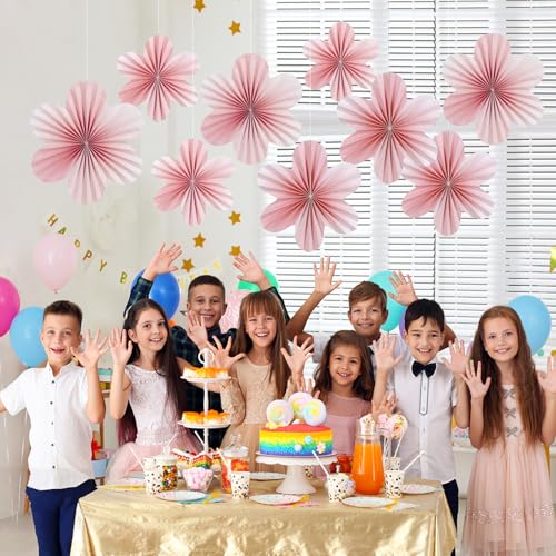 Image of SUNBEAUTY 9 PCS Pink and Cherry Blossom Party Decorations Pink Paper Fans Decor Sunset Party Floral Backdrop Decoration Hanging Paper Flowers for Wall Birthday Wedding Baby Shower Supplies