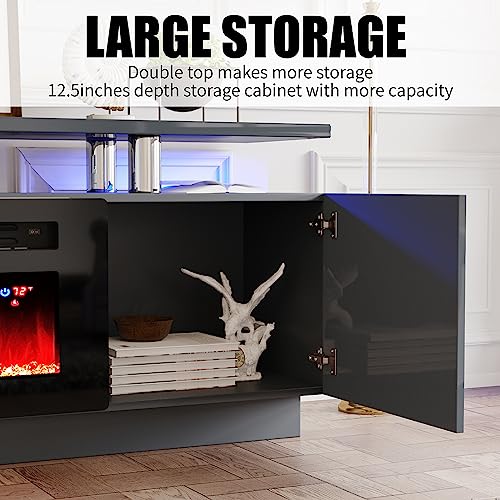 Image of AMERLIFE Fireplace TV Stand with 36 inch Fireplace, 70 inch Modern Fireplace Entertainment Center LED Lights, 2 Tier TV Console Cabinet for TVs Up to 80 inch, Grey