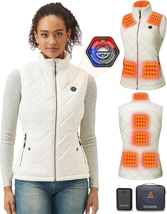 Gilet riscaldato da donna con power bank da 16000 mAh 7,4 V, 9 zone di riscaldamento con 3 temperature regolabili, gilet caldo con interruttore intelligente 4 in 1 per lavoro all'aperto, bianco