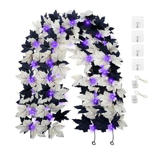 JINXIAN 2 Piezas Guirnaldas de Hojas de Arce Artificiales Blanco y Negro 175 cm Vides de Hojas de Otoño Colgantes con 4 Ganchos Autumn Decoration para Halloween Fiestas