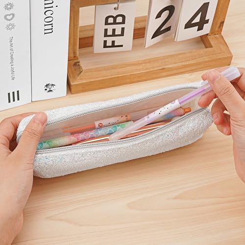 Image of Pencil Box Glitter, Shiny Pencil Case, Stationery Zipper Portable Pencil Case, Stationery Storage Bag, for Daily Study Work (1Pcs) (White)