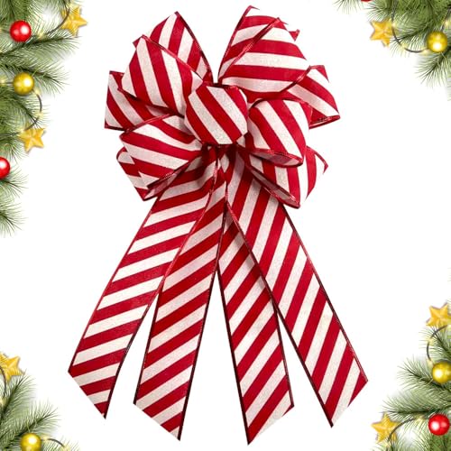 CHMOART Christmas Wreath Bow 20 x 11 Inches Large Christmas Bows White Red Stripes Burlap Bow Holiday DIY Craft Bow Xmas Tree Topper Ornament Bow for Home Front Door Wedding Decorations