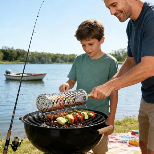 Cesta de asador rodante de acero inoxidable para verduras en barbacoa y camping exterior 3