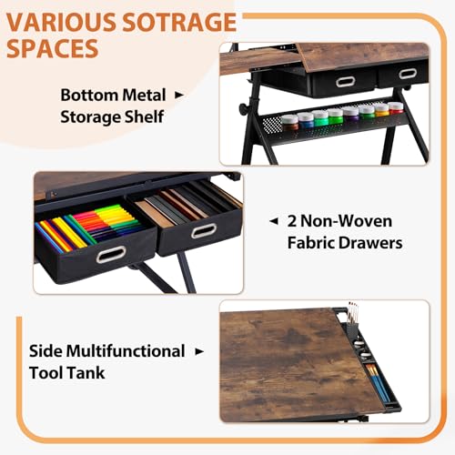 SUPER DEAL Drafting Table Set with Charging Station, Height Adjustable Tilting Drawing Desk Artist Desk with Stool Multifunctional Art Craft Workstation with 2 Storage Drawers for Home Office School - Image 6