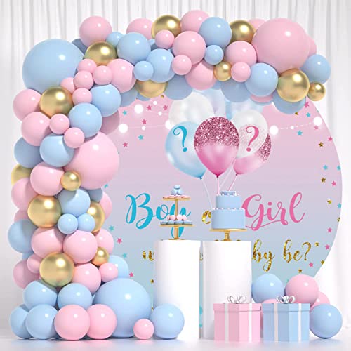 Gender Reveal Round Backdrop Cover Boy Or Girl He Or She Pink Blue Balloons Baby Shower Party Photography Background Gender Reveal Circle Backdrop Cover Decoration 7.2Ft #TOP17