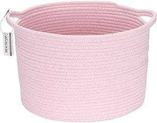 Sea Team Oval Cotton Rope Woven Storage Basket with Handles, Diaper Caddy, Nursery Nappies Organizer, Baby Shower Basket for Kid's Room, 14.2 x 14.2 x 10.2 Inches (Medium Size, Mottled Pink)