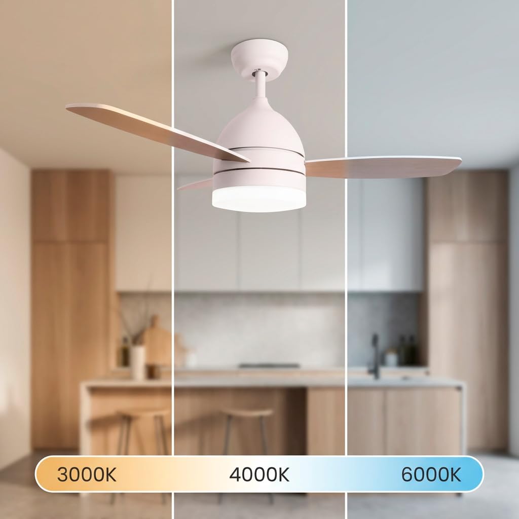 Jocca - Ventilador Techo con Luz LED Regulable| Ventilador Blanco Imitacion Madera Natural| Mando a Distancia| 3 Velocidades| 70W| Temporizador| Diámetro 106cm|