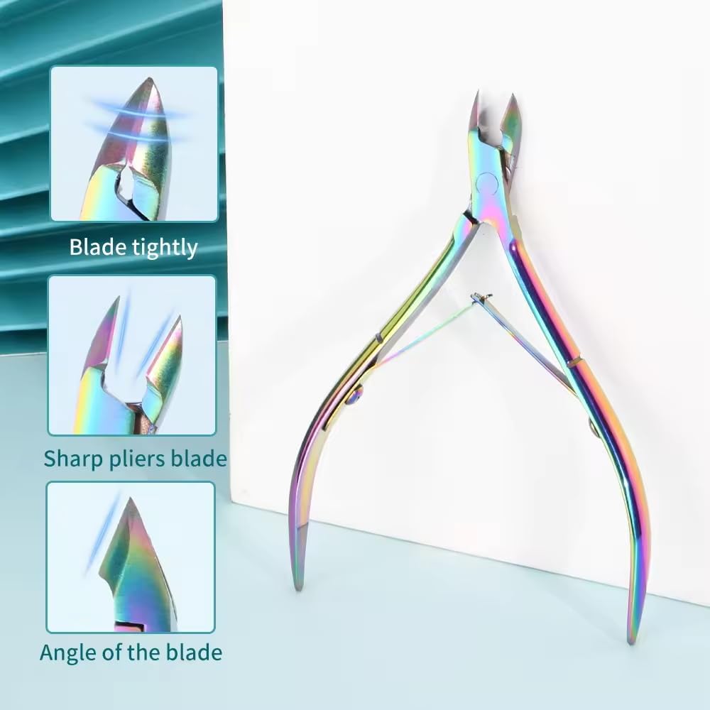 Professional Cuticle Nippers, Stainless Steel Double Spring Manicure Trimmer, Rainbow Rose Gold Silver Gold Colors, Curved Grip, Sharp Beveled Blade, Built-in Spring Buckles