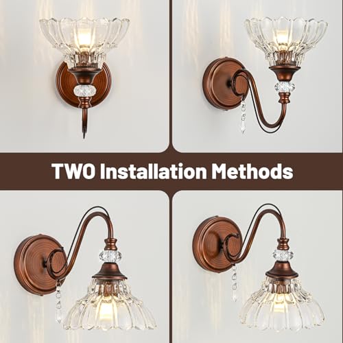 Image of 1 Piece Vintage Wall Sconce, 1-Light Matte Antique Red Bronze Finish Wall Sconce with Hanging Crystal Accents and Flower-Shaped Clear Shades for Bathroom Bedroom Living Room,Vintage Vanity Light