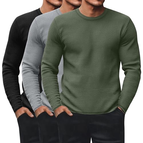 Ficerd 3 Pack Men's Waffle Long Sleeve Shirts, Crew Neck Thermal Underwear Tops Casual Pullover...
