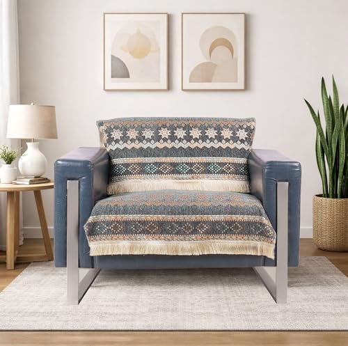 Image of Elegant Woven Grey Sofa Cover - Soft Chenille Traditional Pattern with Lace Style | L-Shape Sectional Seat Protector for Living Room | Durable & Stylish Slipcover 1 Seater Sofa Cover