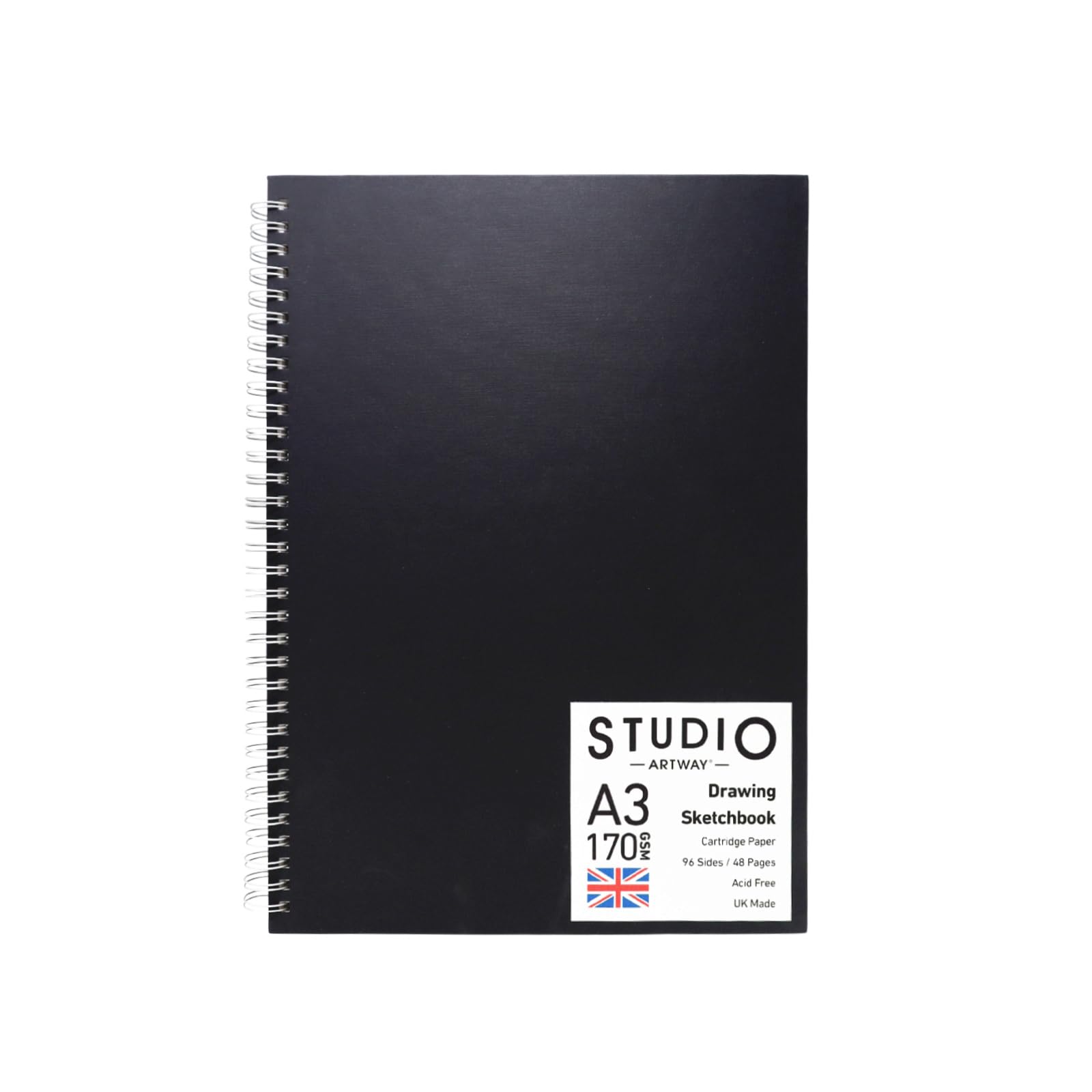 Artway Studio – Spiral Bound A3 Sketchbook – Portrait - 96 Sides/48 Pages of 170gsm Cartridge Paper – Black Hardback Sketchbook