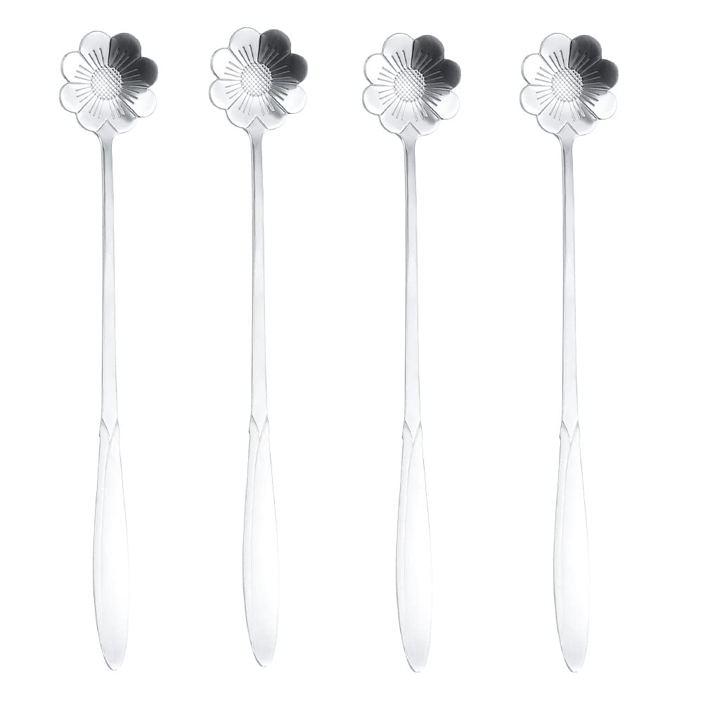 SZLFSX16 Pieces Flower Spoon Coffee Teaspoon 7 Inch Stainless Steel Long Handle Spoon Stir Bar Spoon Stirring Spoon Ice Cream Spoon Silver Cosmos Flower Shaped