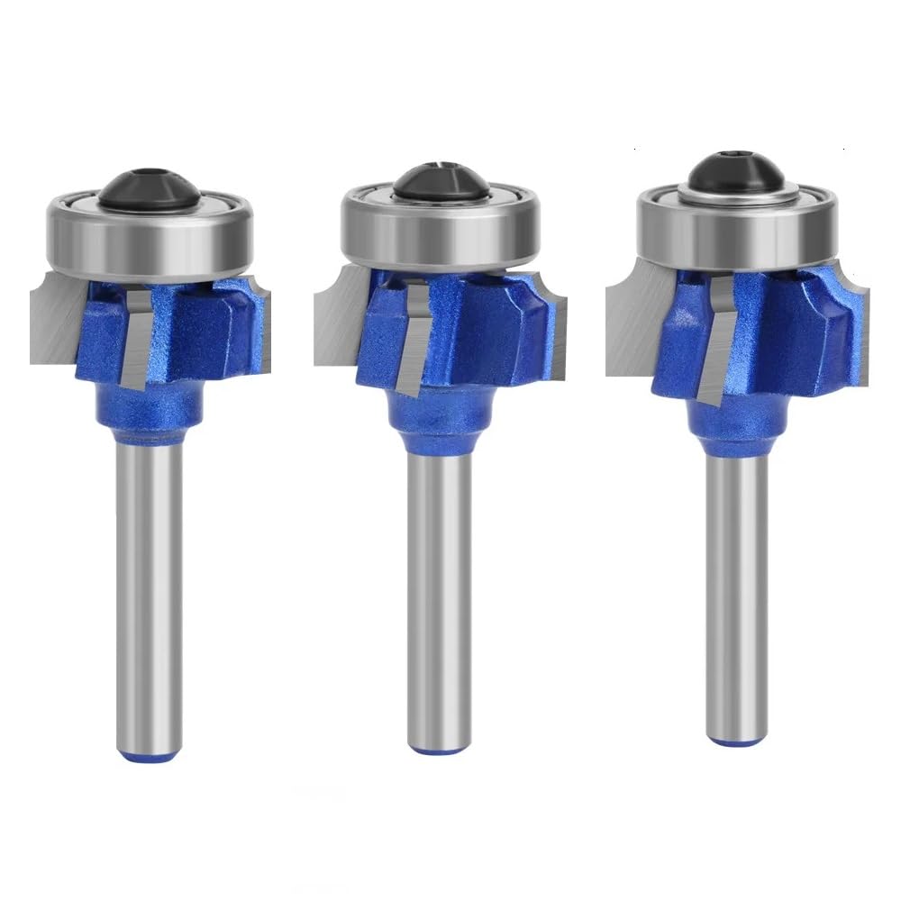 MiJunHD 4-Teeth R1 R2 R3 Round Over Router Bit Set, 6.35mm Shank Carbide Alloy Corner Rounding Edge Trimming Router Bit Woodworking Milling Cutter for Wood Edge Treatment (3 Pieces)