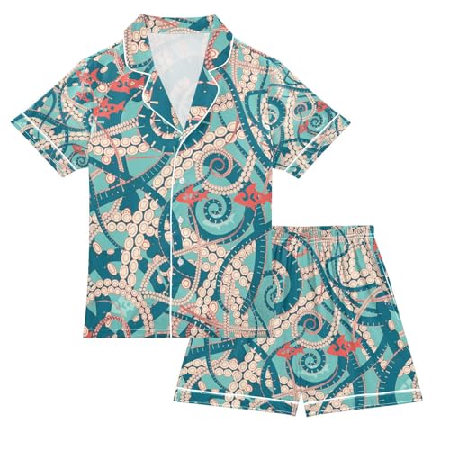 senya Twisting Tentacles Octopus Satin Summer Pajama Sets Silk Short Sleeve Button Down Sleepwear