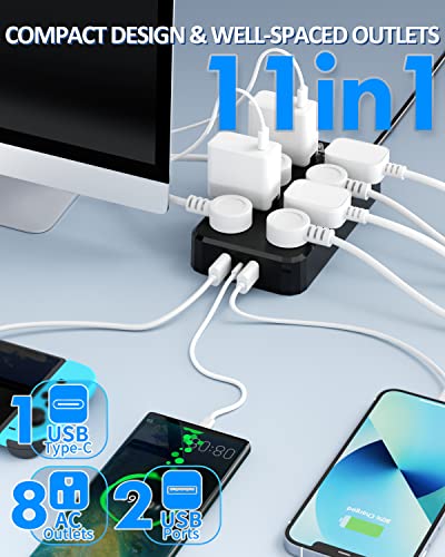 Image of QIYUAN IPX6 Waterproof Outdoor Power Strip, Overload Protector with 8 Outlets & 3 USB Ports (2A1C), 10FT Flat Plug Extension Cord for Garden Patio - Fireproof ABS, Black