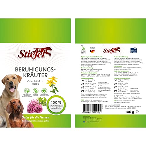 Stiefel Beruhigungskräuter für Hunde, 100% naturbelassene Kräutermischung, kann nervöse und gereizte Hunde unterstützen, mit Bierhefe, Hanf, Pfefferminz, Melisse, Johanniskraut & Baldrianwurzel, 100g