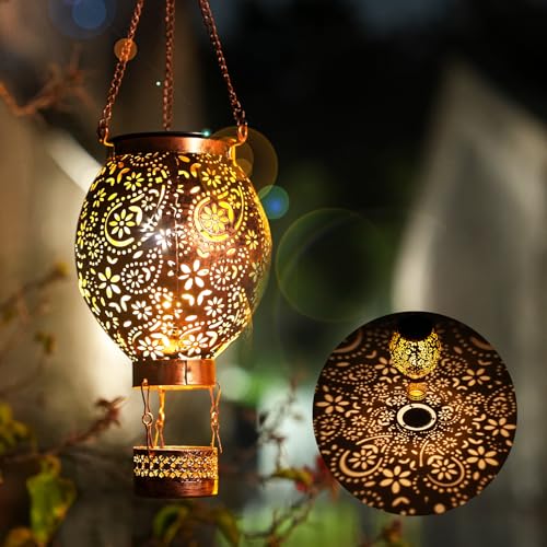 JOYCREATOR Solarlaterne für Außen Hängend, Metall Solar Laternen für Draußen IP65 Wasserdicht , Warmweiß Vintage Solarlampen für Außen Garten Outdoor Balkon Terrassen Weg Weihnachten(Heißluftballon)