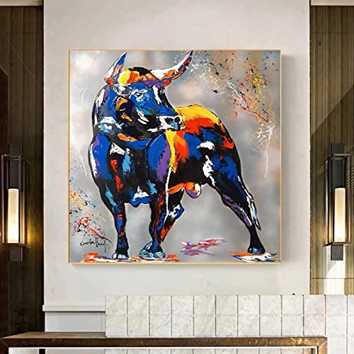 ZMFBHFBH Image d'art mural encadrée pour salon Peinture sur toile de taureau de graffiti d'animal Affiches et impressions d'art mural colorées Décor 60x60cm (24x24in) avec cadre Cover