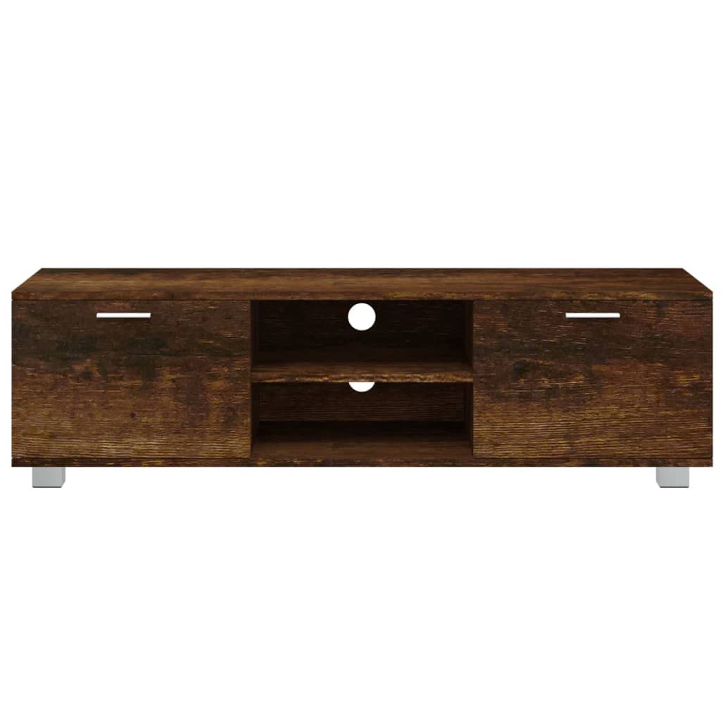 Szafka pod telewizor, dąb wędzony, 140 x 40,5 x 35 cm, materiał drewnopochodny z 4 przegródkami, otworami na kabel, miejsce do przechowywania do salonu, niski, kredens, tablica na media