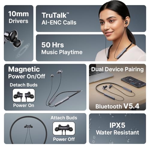 Image of pTron Tangent Eon w / 50Hrs Playtime, Immersive Sound, HD Mic & AI-ENC Clear Calls, Dual-Device Pairing, Magnetic On /Off Function, BT5.4 Wireless Neckband, Voice Asst., Type-C Charging & IPX5(Obsidian)