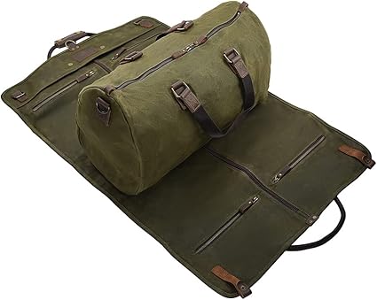 review 2 in 1 Waxed/Canvas Leather Suit Luggage Garment Bag with Shoulder Strap for Travel and Business Trips (Arm Green)