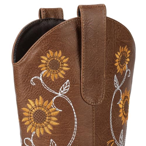 Image of Cowboy Boots for Women - Mid Calf Western Sunflower Cowgirl Boots with Floral Embroidery, Square Toe Stitched Pull On Retro Design, Perfect for Country Idyll, Concerts and More