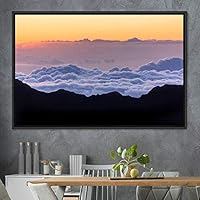 Framed Canvas Wall Art Foggy Mountains Aerial Cool Multicolor Nature Photography Realism Relax/Calm Rustic Wilderness - 16x24 inches